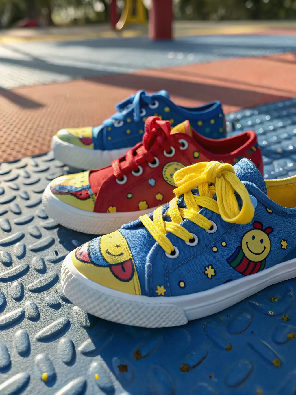A close-up shot of children's feet running on vibrant green artificial turf in a playground setting, showcasing the soft and cushioned surface.