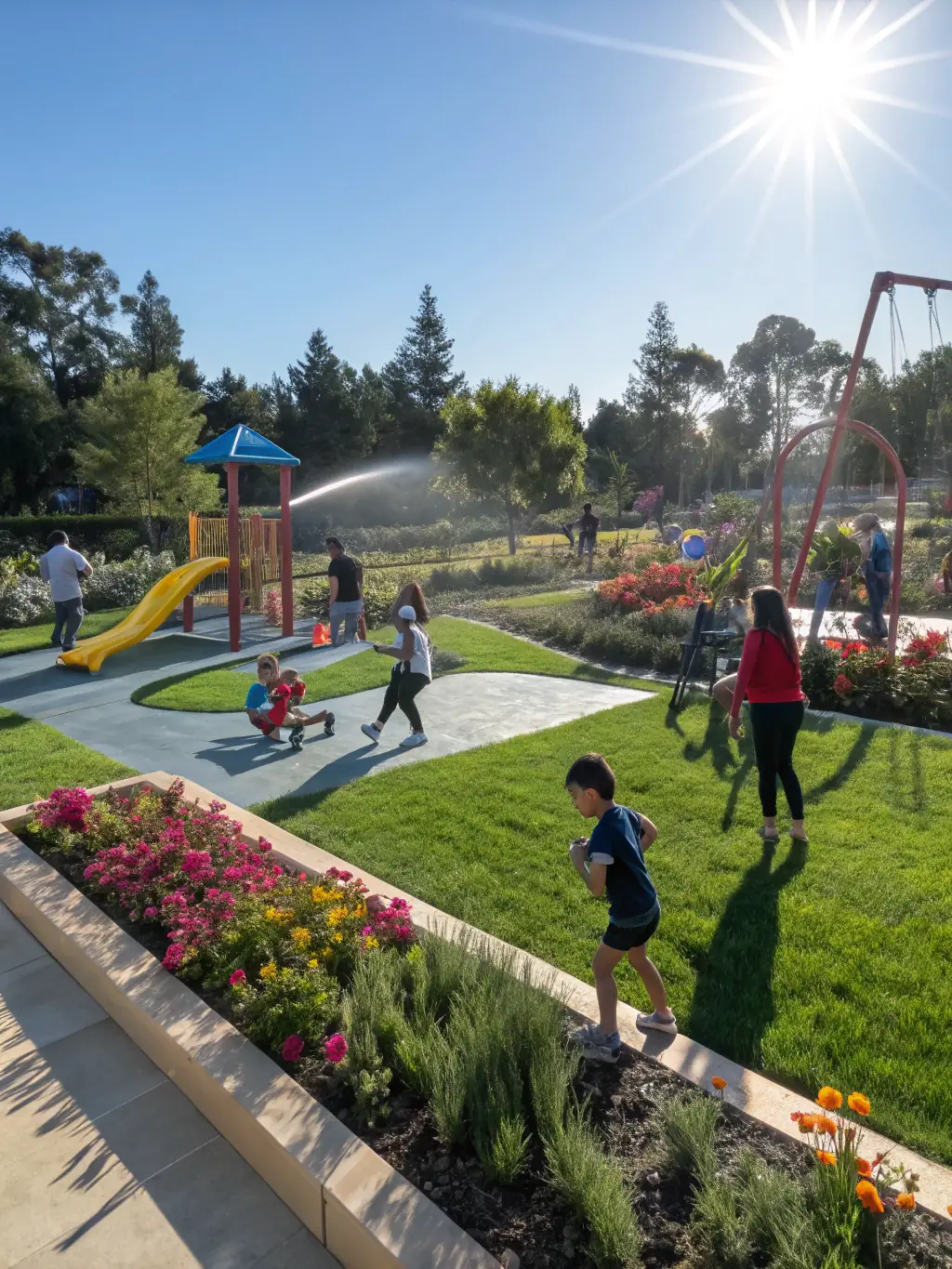 A wide shot of a playground with artificial turf, highlighting its clean and mud-free surface, even after heavy rain.